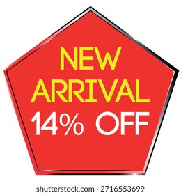 Red pentagon shape with yellow text NEW ARRIVAL and white text 14% OFF on white background Scalab...