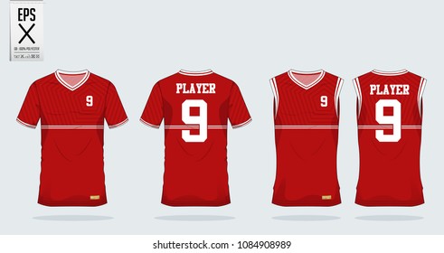 Red Pentagon T-shirt Sport Design Template For Soccer Jersey, Football Kit And Tank Top For Basketball Jersey. Sport Uniform In Front And Back View. Tshirt Mock Up For Sport Club. Vector Illustration.