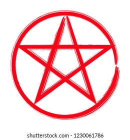 Red pentagram in a circle icon, brush drawing magic occult star symbol. Vector illustration isolated over white.