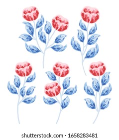 Las peonías rojas, las margaritas y las hojas azules. Hermosa flor dibujada a mano y elementos naturales para la invitación a la boda, arte precoz o afiche de flores
