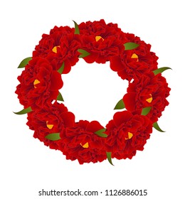 Red Peony Flower Wreath isolated on White Background. Vector Illustration.