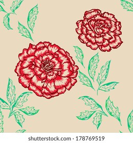red peony with leaves, pattern, vector illustration