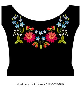 Red peony, white lilies of the valley, blue forget-me-nots, vector flowers leaves, hand-drawn for embroidery on clothes, neckline dress, blouse, ornament, for printing postcards