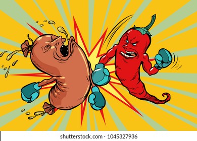 Red pepper beats a sausage. Vegetarianism and a healthy lifestyle. Comic book cartoon pop art retro vector illustration