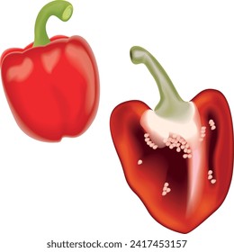 red pepper red pepper cut vegetables 3D. Icons 3d realistic render vector object. pepper, food, red, vegetable, organic, cut, isolated, vegetarian, ingredient, slice