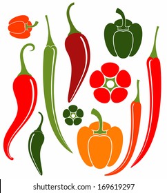 Red pepper and green pepper. Abstract vegetable icon. Isolated chili peppers on white background