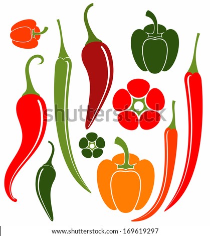 Red pepper and green pepper. Abstract vegetable icon. Isolated chili peppers on white background