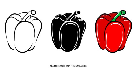 Red pepper isolated vector icon. Vegetable fresh food cartoon outline sketch set. Package logo design element. Farm natural healthy food. Vegan organic plant. Simple emblem template. Graphic symbol.