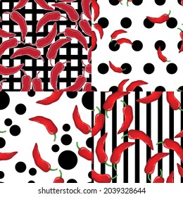 Roter Pfeffer auf geometrischem Hintergrund, Vektorgrafik-nahtloses Muster. mexikanisches Chilischoten-Gemüse. Warme Paprika-Textur.