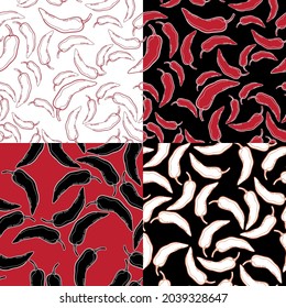 Red Pepper on geometry background vector seamless pattern set. Mexican chili spicy vegetable. Hot paprika texture.