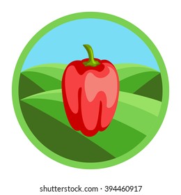 Red pepper. Organic vegetables, round vector color badge or tag