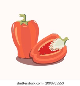 Red pepper, paprika. Vector flat illustration. Whole pepper and a wedge. Vegetarian natural product. Isolated background.