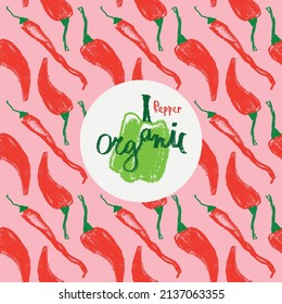 Red pepper pattern seamless in vector. Hand-drawn illustration of hot peppers. Pepper drawings. Organic vegetable background. Vegan food wallpaper. Healthy eating backdrop. Vegetarian symbol and sign.