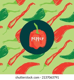 Red pepper pattern seamless in vector. Hand-drawn illustration of hot peppers. Pepper drawings. Organic vegetable background. Vegan food wallpaper. Healthy eating backdrop. Vegetarian symbol and sign.