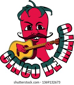 Red pepper playing guitar. Vector illustration with design for Mexican holiday 5 may Cinco De Mayo. Vector template with traditional Mexican symbols 