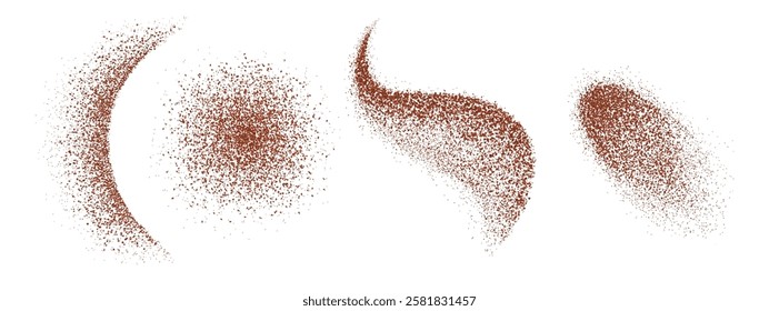 Red pepper powder dispersed in diverse shapes - curved streak, scattered round cloud, wave silhouette and oval patch on white backdrop. Ground spice particle arrangements for culinary design.