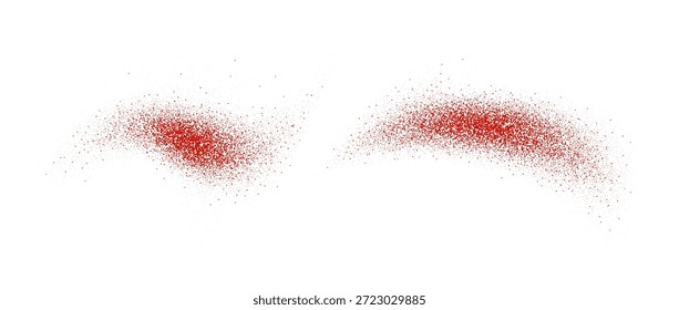 Red pepper powder splashes. Flying seasoning particles burst. Paprika dust sand and dirt textured piles. Saffron and pink pepper flakes scattered on surface. Dried spicy explosion. Vector illustration