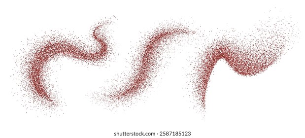 Red pepper powder sprinkled on white background. Vector realistic illustration of chili spice dust scattered in curvy lines, hot, sweet, smoked paprika, food seasoning, cooking ingredient flakes