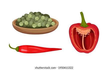 Red Pepper as Ripe Vegetable and Organic Food with Peppercorn on Plate Vector Set