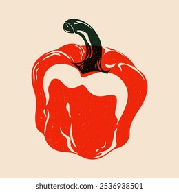 Red pepper riso print effect. Spicy hot vegetable, fresh organic capsicum with green stem, healthy food ingredient for cooking, cartoon flat risograph design. Vector isolated illustration.