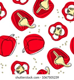Red pepper seamless pattern. Hand drawing of red bulgarian sweet pepper, paprika, peppercorns. Vector illustration isolated on white background.
