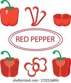 Roter Pfeffer. Pfeffer, Scheiben, Hälfte. Menüdesign, verschiedene Servieroptionen. Pfeffer für ein Sandwich.