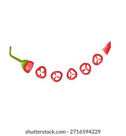 Uma pimenta vermelha é cortada em pedaços. A pimenta é cortada ao meio e o caule ainda está preso