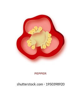 Cortes de pimienta roja en un estilo cortado de papel sobre fondo blanco. Verduras frescas. Alimentos saludables