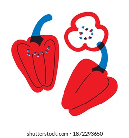 Red pepper and slices pepper vector. Pepper icon cartoon flat style. Vegetables abstract illustration. Cooking ingredients for your design. Vegetables set simple illustration