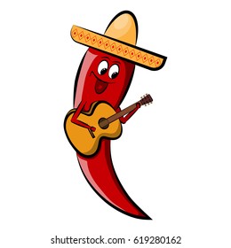 Red pepper in a sombrero with a guitar. Holidays Cinco de Mayo.Vector illustration for greeting cards, banners, wallpapers