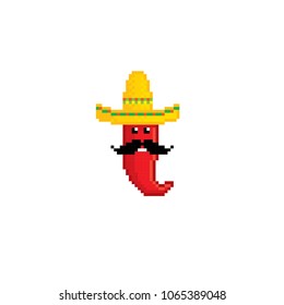 red pepper in sombrero. Pixel art. Old school computer graphic style. Decorative element design for logo, sticker, web, mobile app. Game assets 8-bit sprite.