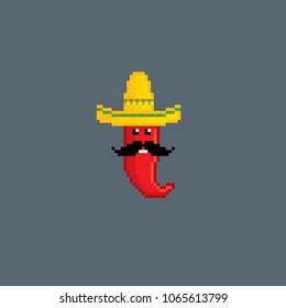 red pepper in sombrero. Pixel art. Old school computer graphic style. Decorative element design for logo, sticker, web, mobile app. Game assets 8-bit sprite.