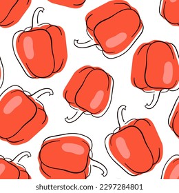 Red pepper vector seamless pattern. Line art doodle style. Isolated on a white background.