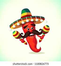 Red pepper wearing sombrero and with maracas. Cartoon Mexican Mascot Chili Pepper in with Mustache. Symbols of mexican holiday Cinco de Mayo. vector illustration.