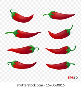 Red peppers chilly set realistic isolated on a transparent background. Spicy. Vegetable hottest chili.