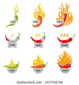 Red peppers. Labels for kitchen mid low and high level visualization stickers with hot red pepper spice food ingredients recent vector symbols collection