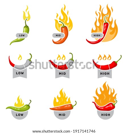 Red peppers. Labels for kitchen mid low and high level visualization stickers with hot red pepper spice food ingredients recent vector symbols collection