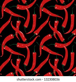 Red peppers on the black background. seamless pattern