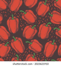 rote Paprika auf schwarzem Hintergrund, Vektormuster. Nahtlose Vintage-Muster mit Gemüse. rote Paprika auf dunklem Hintergrund. Gemüsedruck. 
