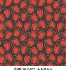 Red Peppers On Black Background, Vector Pattern. Seamless Vintage Style Pattern With Vegetables. Red Peppers On A Dark Background. Vegetable Print. 