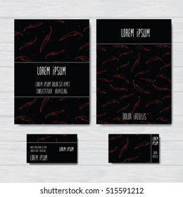 Red peppers on black background . Vegetables theme. Set of Vector design for cover.
