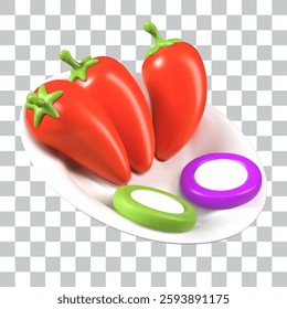 Red peppers on plate. Dish of Mexican cuisine. Bright, spicy decorative element