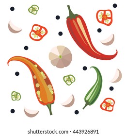 red peppers and pink garlic with  on white background