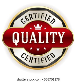 Red percent certified quality badge / button with gold border