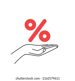 Red Percent Icon On Thin Line Human Hand. Abstract Stroke Web Design Element Or Graphic Outline Value Logotype Isolated On White. Concept Of Stock Market Share Or Annuity Debt Or Investment Pictogram