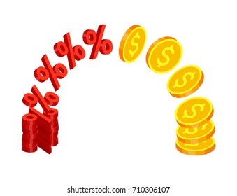 Red percent signs are flying and transforming in gold coins with dollar signs from one stack to another. Finance operations and income concept