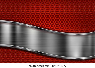 Red perforated background with metal shiny wave plate. Vector 3d illustration