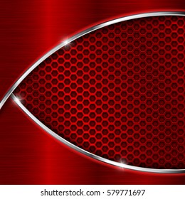 Red perforated background with metal waves. Shiny 3d vector illustration