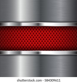 Red perforated background with shiny stainless steel plate. Diamond shape holes. Vector 3d illustration