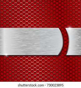 Red perforated texture with metal brushed plate. Vector 3d illustration